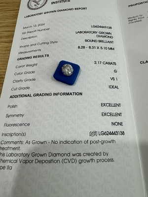 kopen 2.17CT G VS1 3EX CVD Lab Created Diamond Round Cut IGI Certificate LG624443138 online manufacture