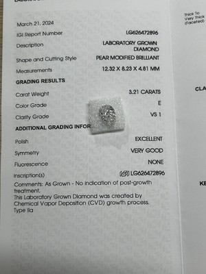 kopen 3.21CT E VS1 EX VG CVD Lab Groeid Diamant Peer Brillant Cut IGI Gecertificeerd online manufacture