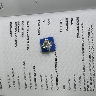 kopen 6.16 karaat G VS2 2EX CVD Princess Cut Lab Created Diamond IGI Certified online manufacture