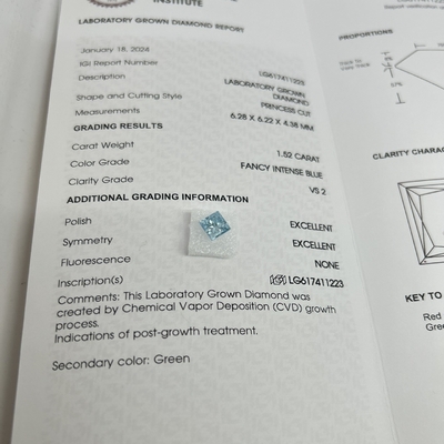 kopen 1.52CT Fancy Intense Blue VS2 2EX CVD Lab Groeide Diamant Prinsesvorm OEM ODM online manufacture