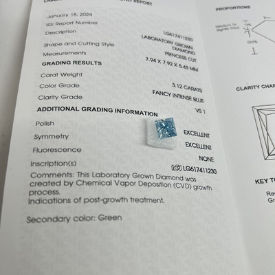 kopen 3.12CT Fancy Intense Blue Lab Made Diamonds VS1 2EX CVD Princess Cut online manufacture