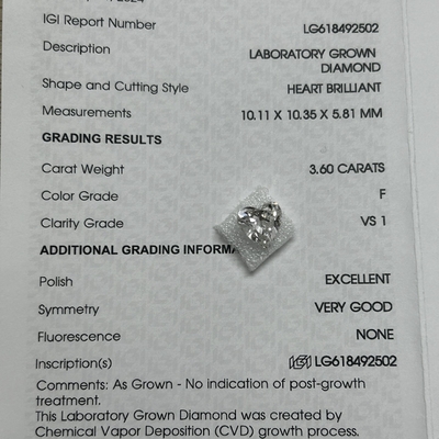 kopen 3.6ct Lab Made Diamonds Heart Brilliant Cut CVD F VS1 2EX N IGI LG618492502 online manufacture