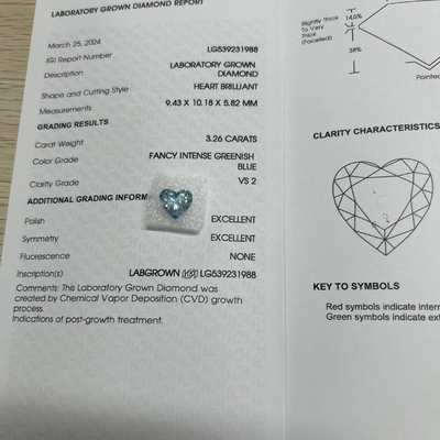 kopen 3.26ct CVD Hartvormig Lab Diamant Fancy Intens Groenblauw VS2 2EX N online manufacture