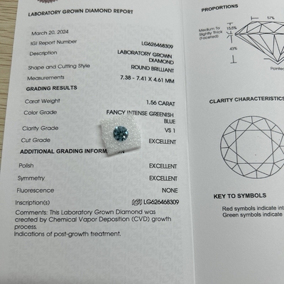 kopen 1.56ct Fancy Intense Groenblauw Lab Groeid Diamant Ronde Snijd CVD FVS1 3EX N IGI online manufacture