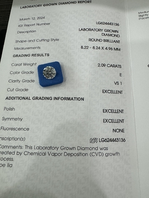 2.09CT E VS1 3EX Rond gesneden CVD Groeide diamant IGI-certificaat LG624443136