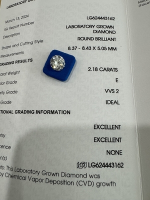 2.18CT E VVS1 ID EX CVD Synthetische diamant Ronde briljant gesneden