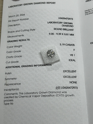 3.19CT F VS1 3EX Laboratoriumgeteeld CVD Diamond Round Cut IGI Certificaat LG626472973