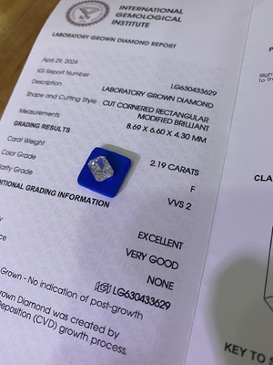 2.19ct Lab Diamond Radiant Cut CVD F VVS2 EX VG N IGI LG630433629