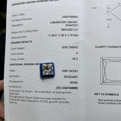 8.93CT H Kleur VS2 Helderheid 2EX CVD Lab Groeide Prinses Gesneden Diamant