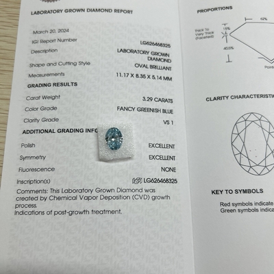 3.29ct Lab Grown Diamond Oval Cut CVD Fancy Groenblauw VS1 2EX N
