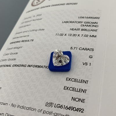 5.71 karaat VS1 G Lab vervaardigde Diamanten Hartvorm OEM ODM