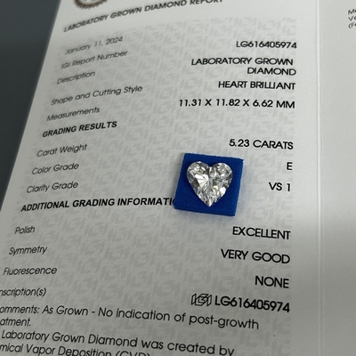5.23ct Gekweekte briljantheid Diamanten Hart gesneden CVD E Kleur VS1 Helderheid 2EX N IGI