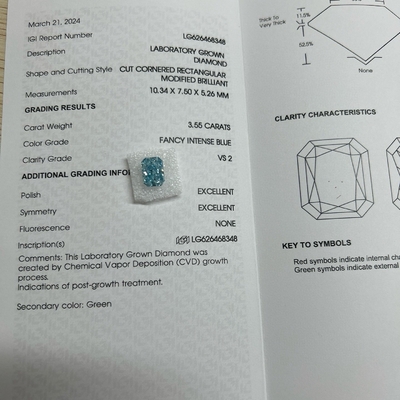 3.55ct VS2 Synthetisch Blauw Diamant Lab Groeide Diamanten HPHT Fancy Vivid Blauw
